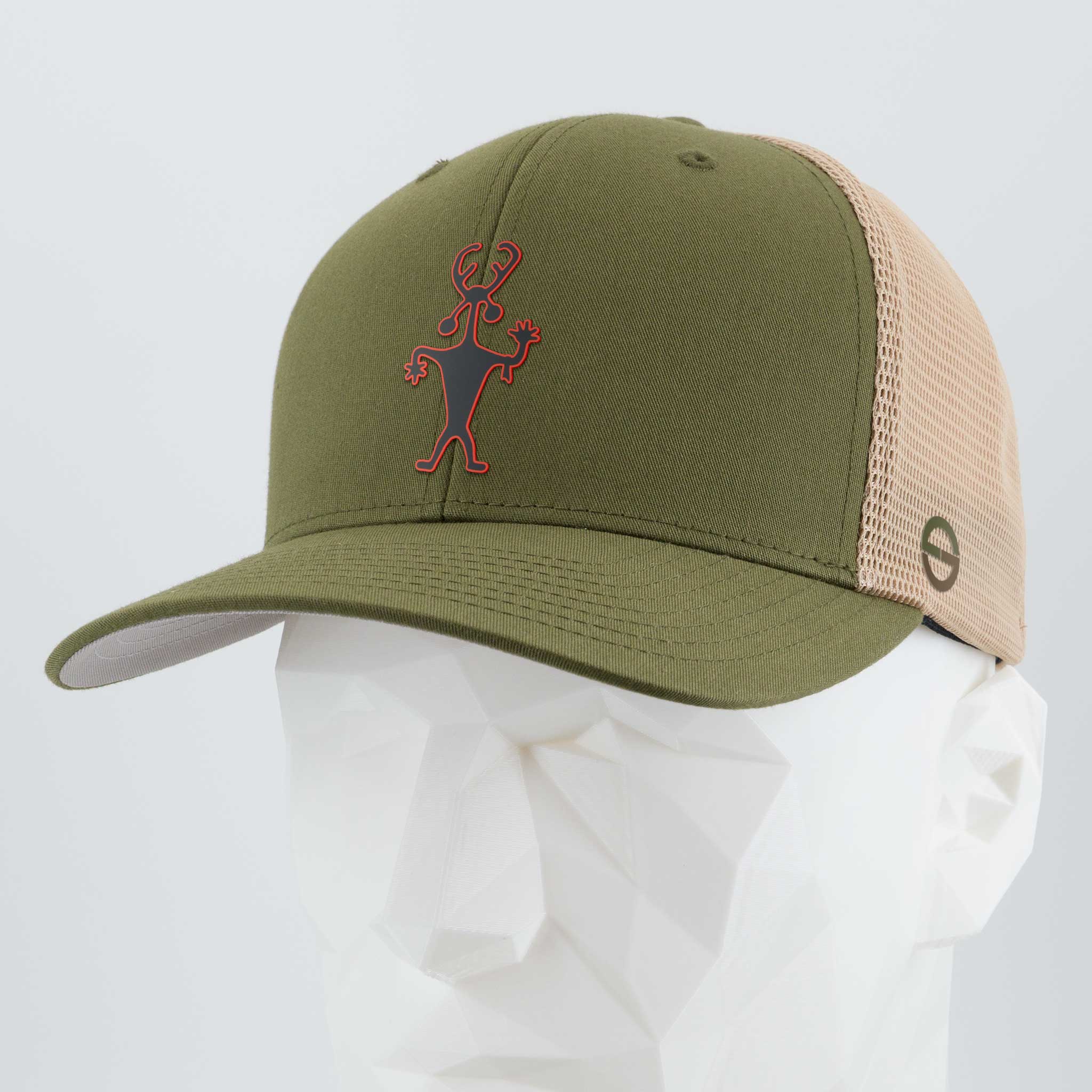 Moab Man Petroglyph (Silicone) - Flexfit® Mesh Trucker Cap Color: Olive/Khaki - Eternal Glyph LLC