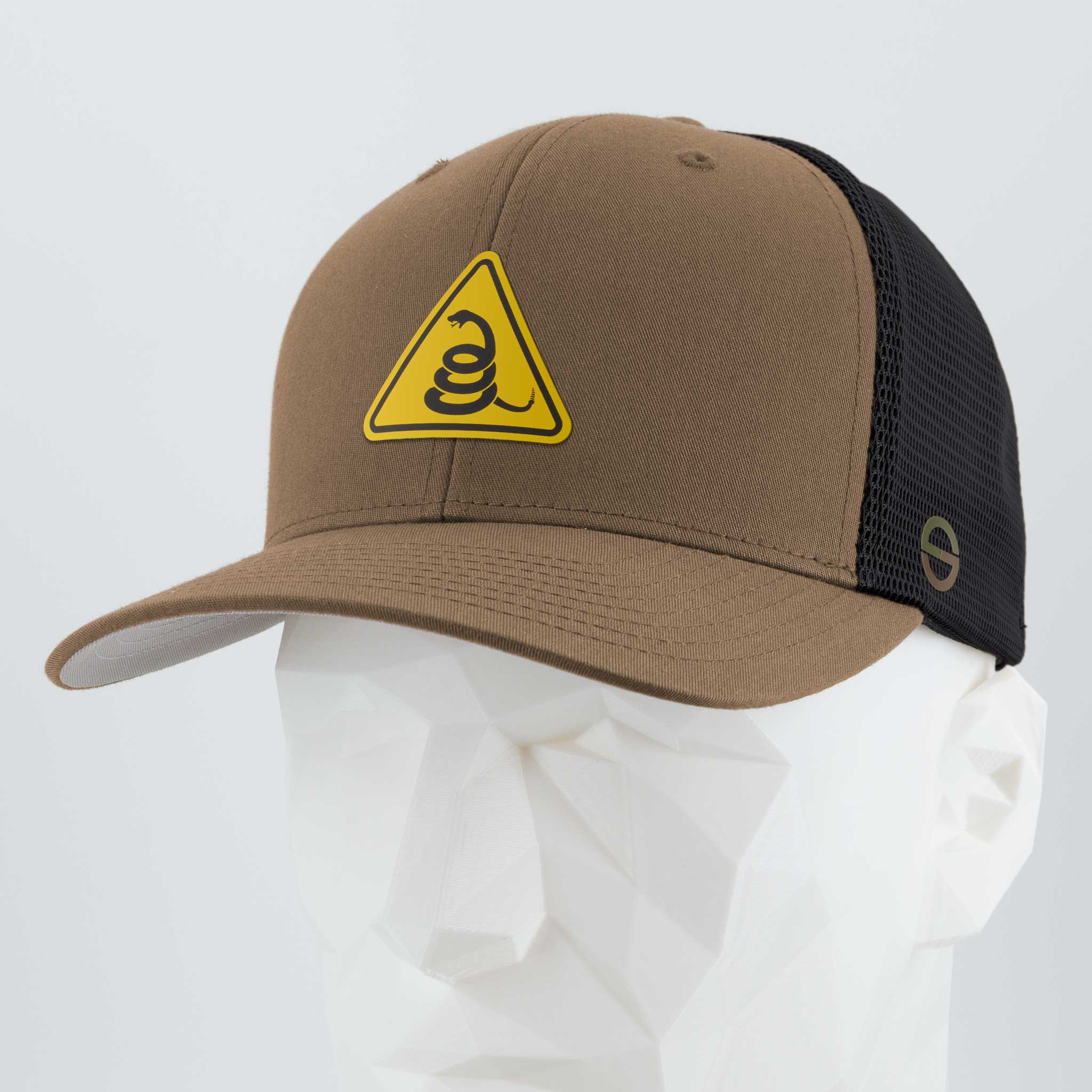 Rattlesnake Warning Sign (Silicone) - Flexfit® Mesh Trucker Cap Color: Coyote/Black - Eternal Glyph LLC