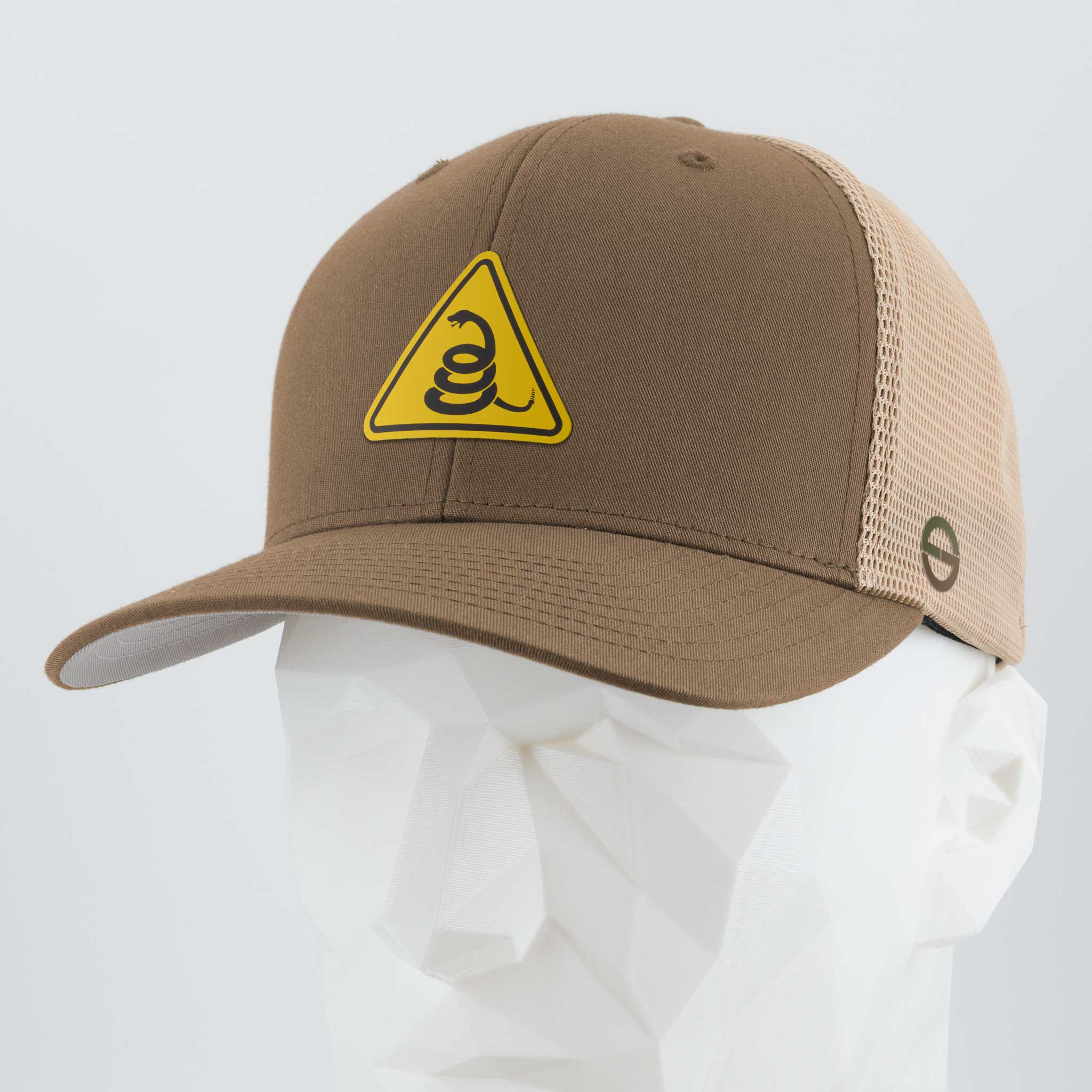 Rattlesnake Warning Sign (Silicone) - Flexfit® Mesh Trucker Cap Color: Coyote/Khaki - Eternal Glyph LLC