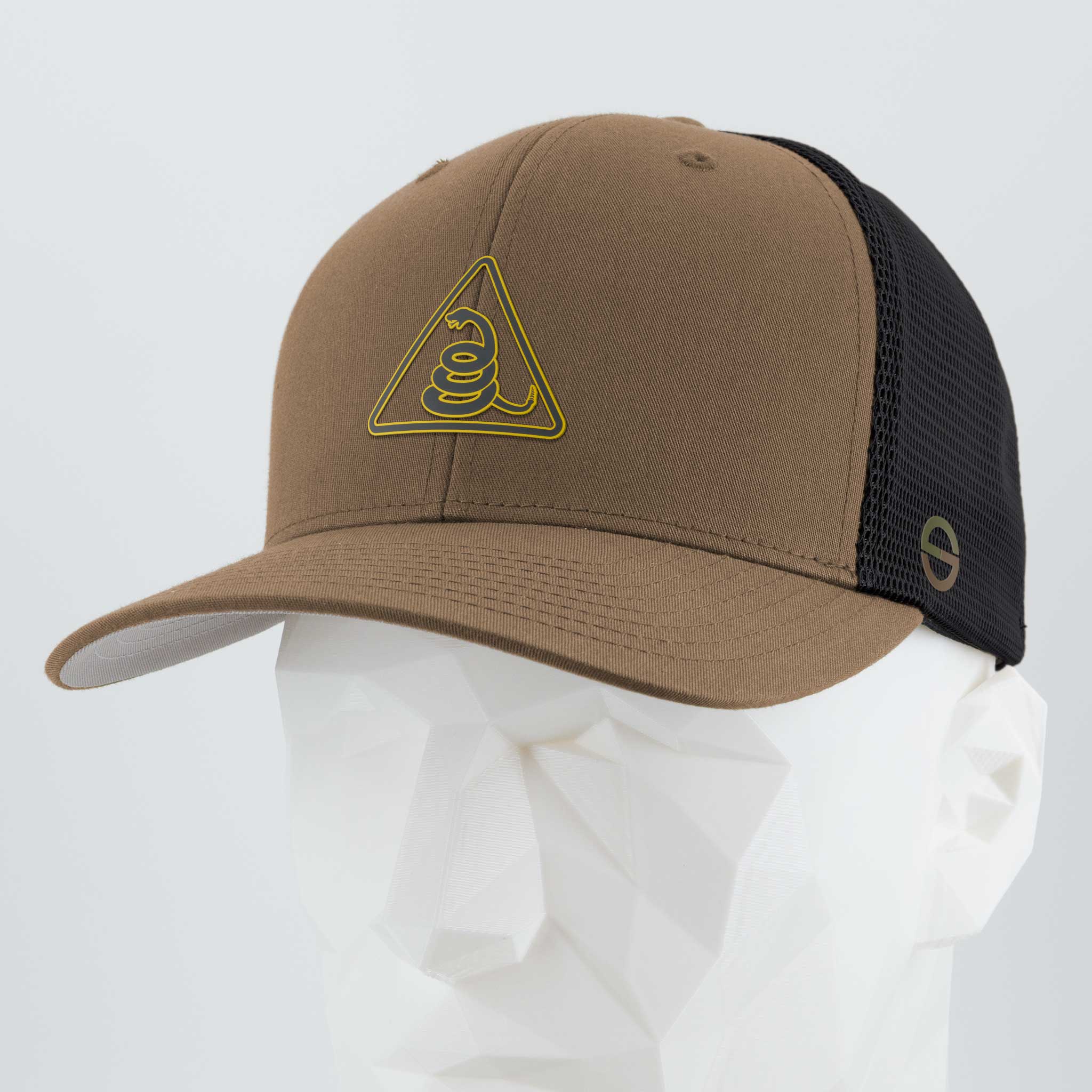 Rattlesnake Warning Sign (Silicone) - Flexfit® Mesh Trucker Cap Color: Coyote/Black - Eternal Glyph LLC