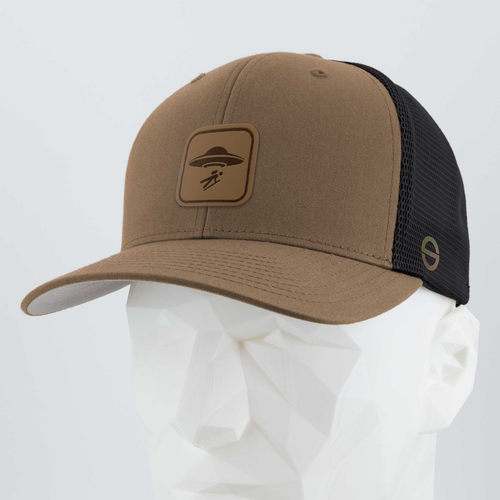UFO Area Trail Sign (Leather) - Flexfit® Mesh Trucker Cap Color: Coyote/Black - Eternal Glyph LLC