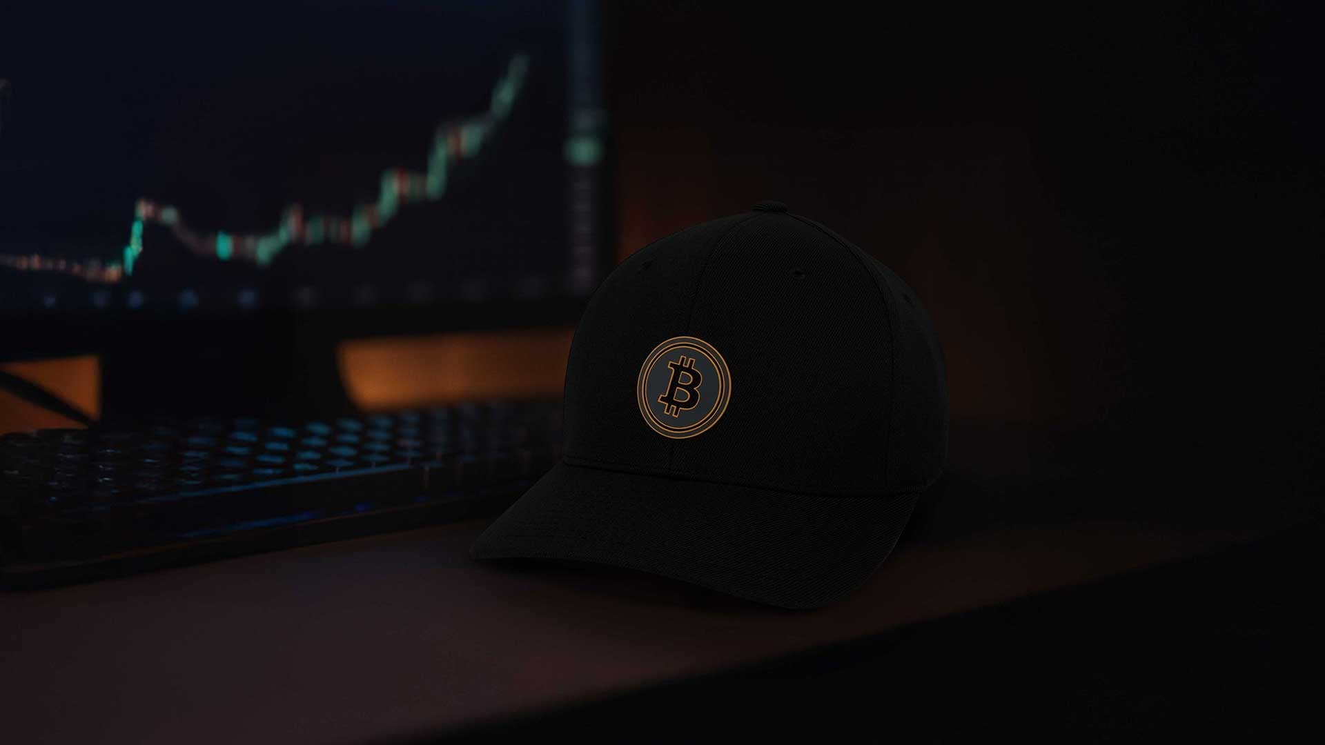 Bitcoin Flexfit Cap Black in front of a computer.