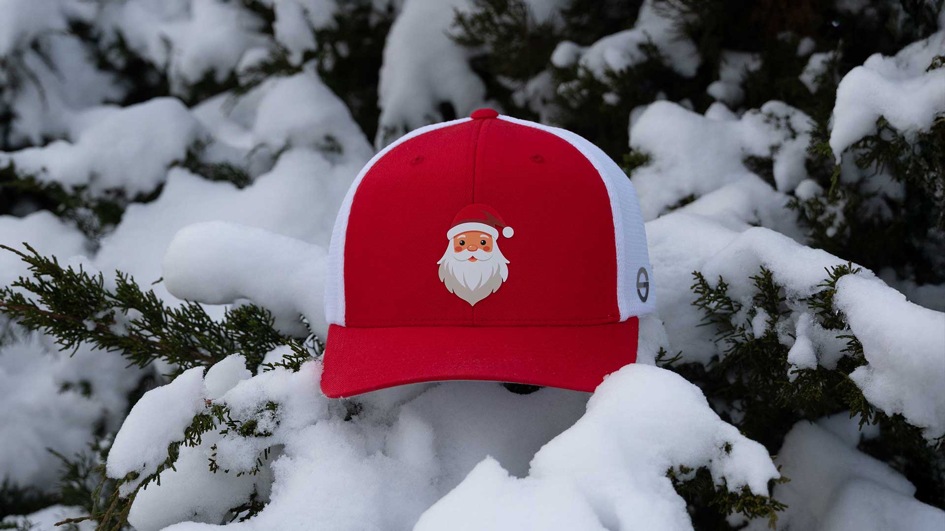 Santa Trucker Flexfit Hat on a snowy tree.
