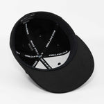 The Eternal Glyph Walleye Fishing (Silicone) Flexfit® Flat Bill Premium Fitted Cap features a black design, interior sweatband, and branded 210 FITTED and FLEXFIT tape—ideal for northern lake fishing adventures.