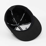 The Eternal Glyph Walleye Fishing (Silicone) Flexfit® Flat Bill Premium Fitted Cap features a black design, interior sweatband, and branded 210 FITTED and FLEXFIT tape—ideal for northern lake fishing adventures.