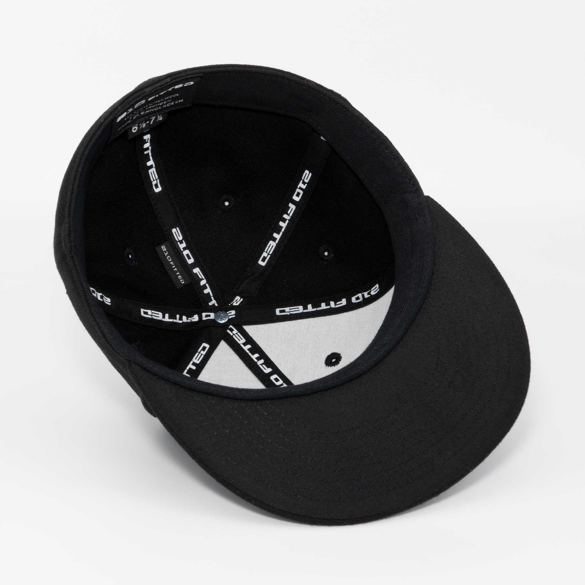 The Eternal Glyph Walleye Fishing (Silicone) Flexfit® Flat Bill Premium Fitted Cap features a black design, interior sweatband, and branded 210 FITTED and FLEXFIT tape—ideal for northern lake fishing adventures.