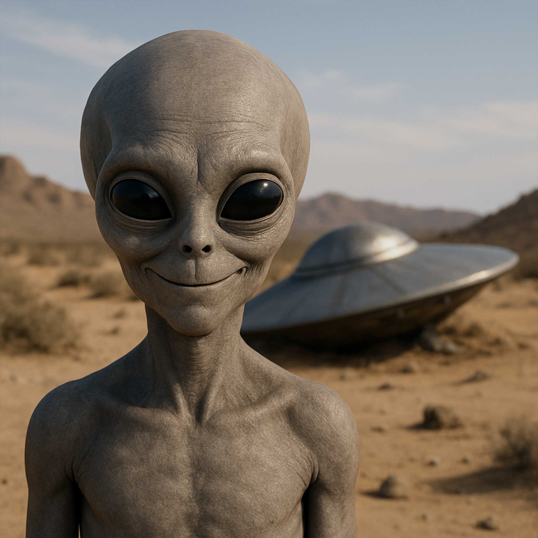 A smiling gray alien stands in a desert landscape with a flying saucer partially buried in the sand behind it, under a clear sky with distant mountains.
