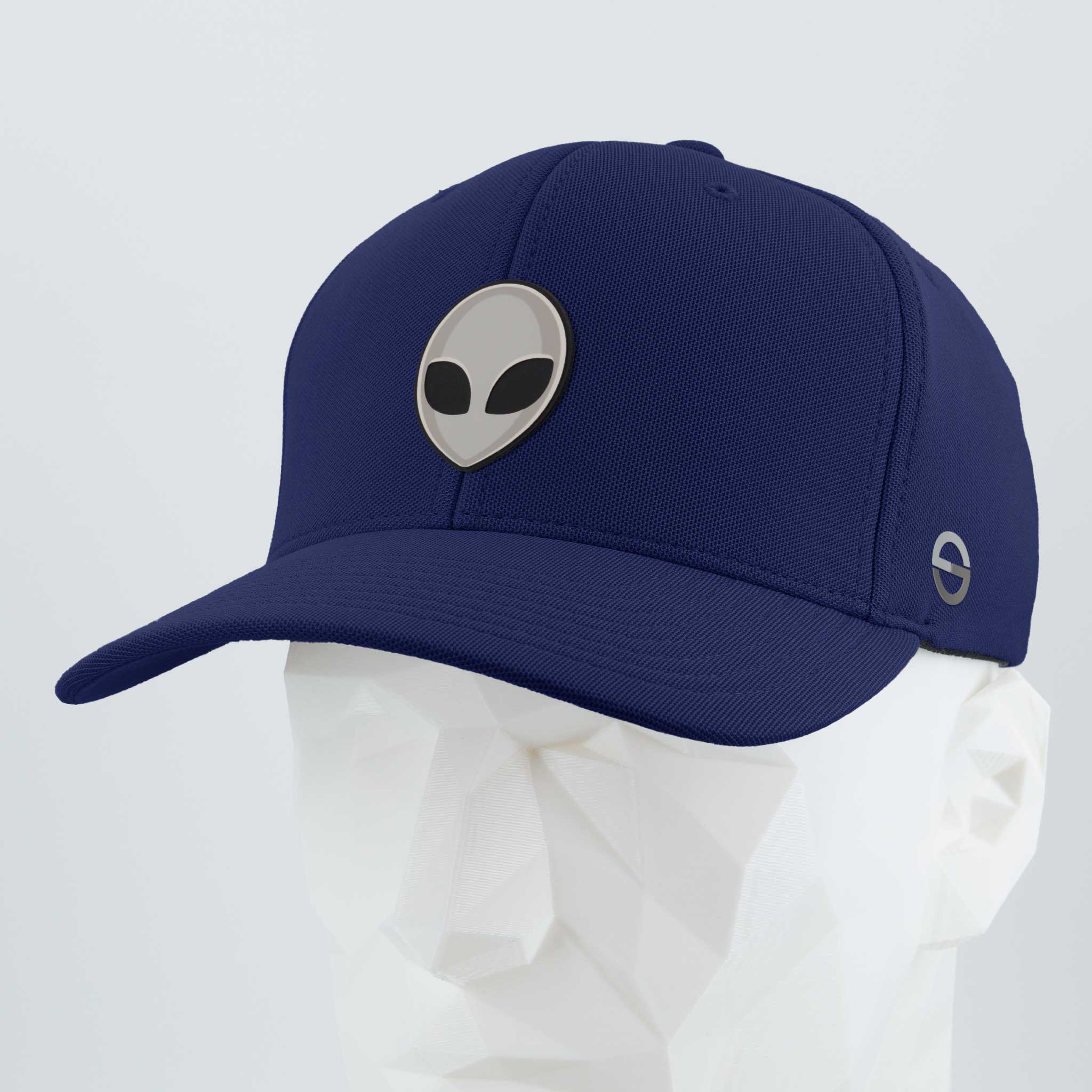 The Eternal Glyph Alien Gray (Double Layer Silicone) - Flexfit® Cool & Dry Cap features a silver alien head emblem, inspired by UFO pop culture, shown in navy blue on a white geometric mannequin.
