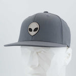 The Eternal Glyph Alien Gray (Double Layer Silicone) Flexfit® Flat Bill Premium Fitted Cap features a black and white alien head logo, shown on a faceted white mannequin against a plain light background.