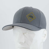 The Eternal Glyph Bear Crossing Sign (Silicone) Flexfit® Premium Wool Blend Cap features a gray design with a yellow outlined diamond bear patch, shown on a white geometric mannequin head against a plain background.
