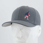 The Eternal Glyph Patriotic Bigfoot (Silicone) Flexfit® Premium Wool Blend Cap in gray features an American flag Bigfoot silhouette on the front, shown on a white geometric mannequin head.