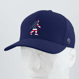 The Eternal Glyph Patriotic Bigfoot (Silicone) Flexfit® Cool & Dry Cap in navy features an American flag Bigfoot design on the front and a small gray side logo, shown on a white geometric mannequin head.