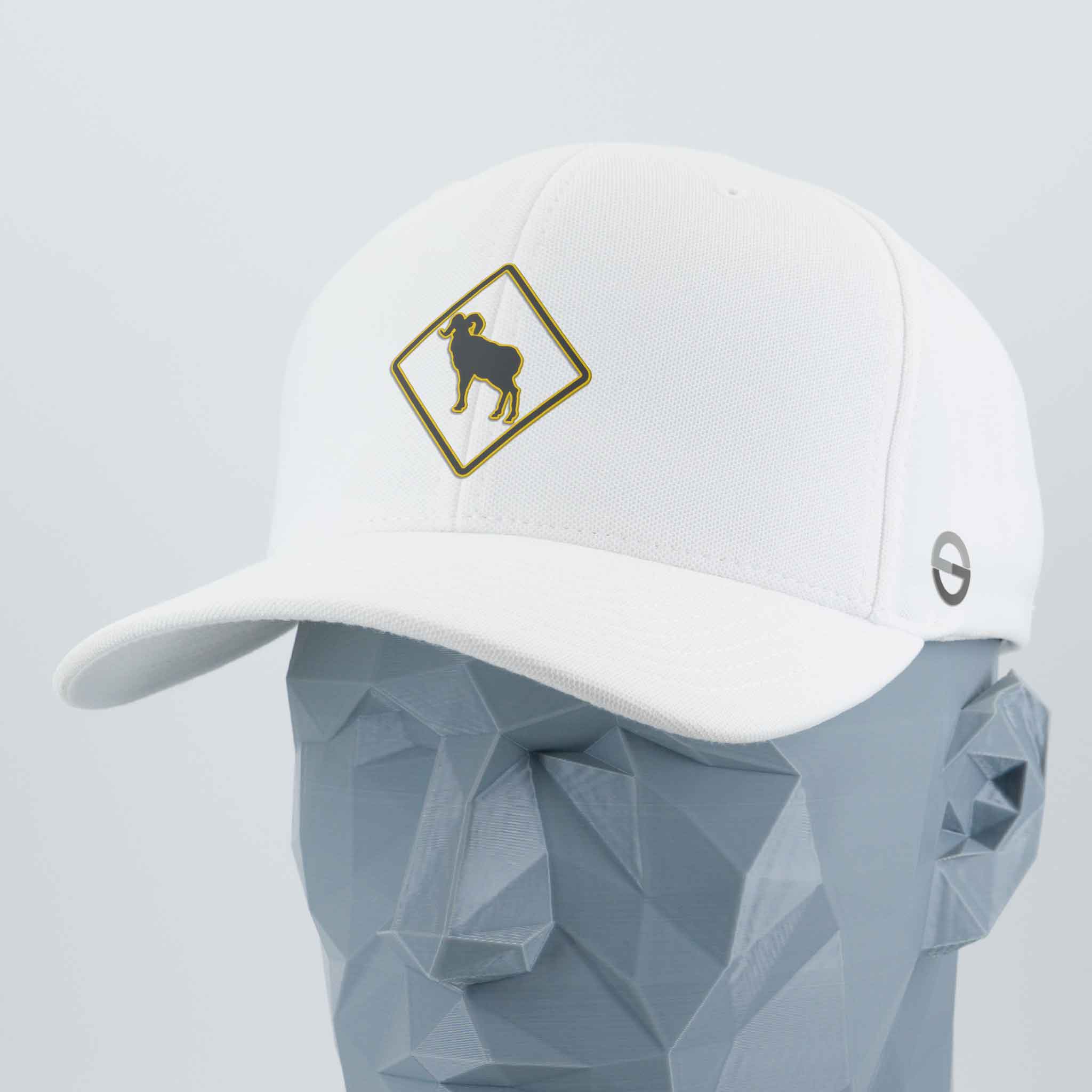 Bighorn Sheep Crossing Sign (Silicone) - Flexfit® Cool & Dry Cap Color: White - Eternal Glyph LLC