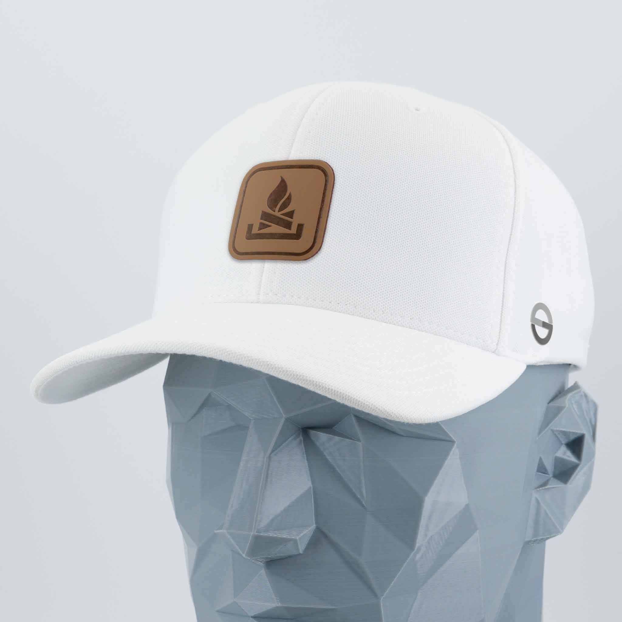 Campfire Trail Sign (Leather) - Flexfit® Cool & Dry Cap Color: White - Eternal Glyph LLC