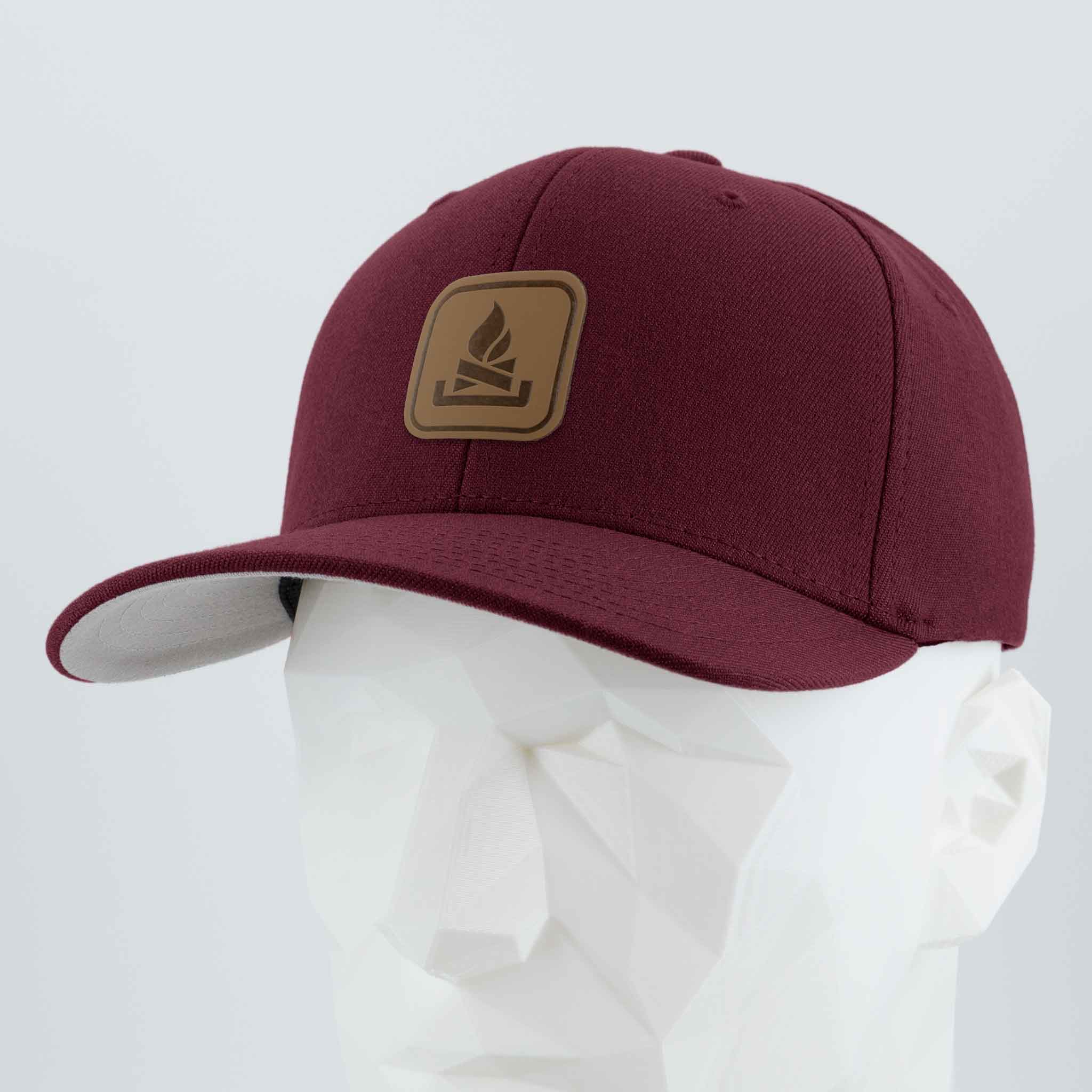 Campfire Trail Sign (Leather) - Flexfit® Premium Wool Blend Cap Color: Maroon - Eternal Glyph LLC
