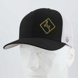 The Eternal Glyph Deer Crossing Sign (Silicone) Flexfit® Mesh Trucker Cap is a black and white mesh baseball hat featuring a yellow leaping deer crossing sign on the front, symbolizing agility and harmony with nature. Displayed on a faceted white mannequin head.
