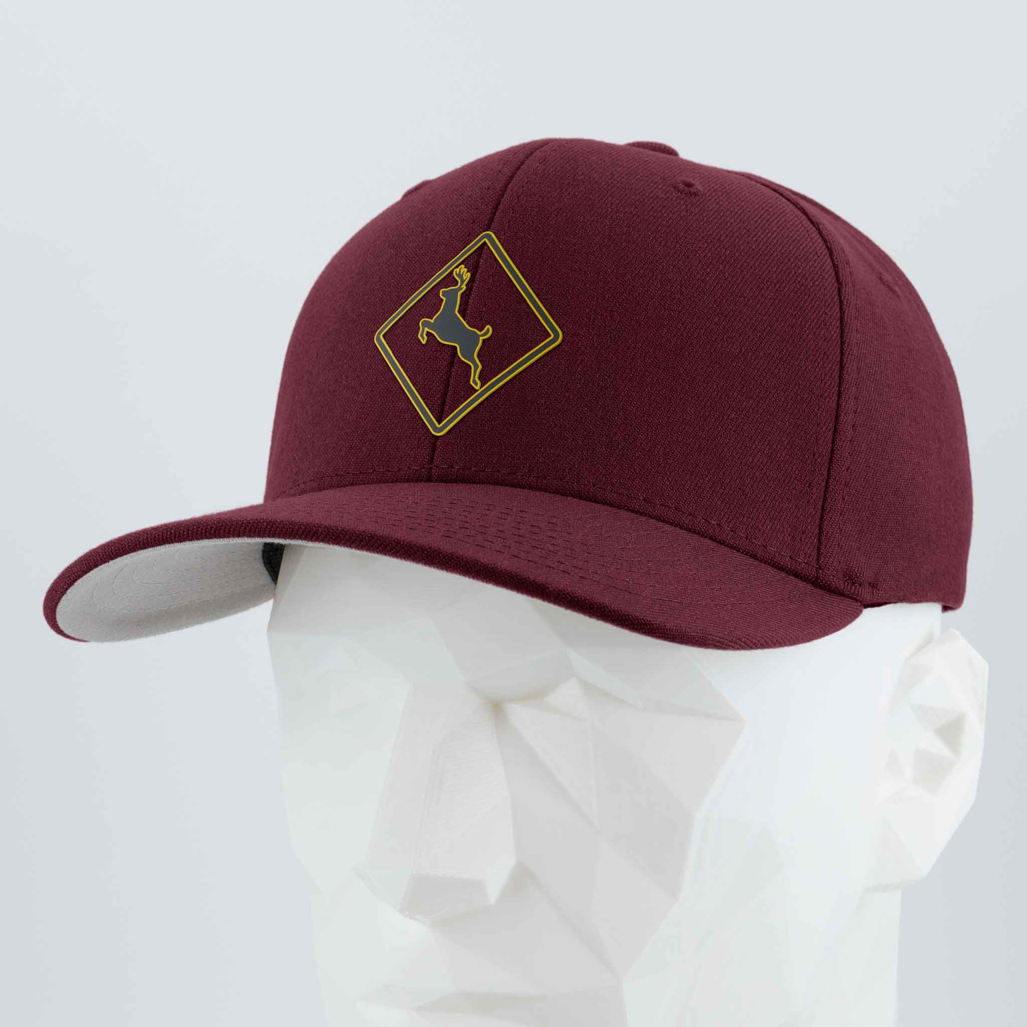 Deer Crossing Sign (Silicone) - Flexfit® Premium Wool Blend Cap Color: Maroon - Eternal Glyph LLC