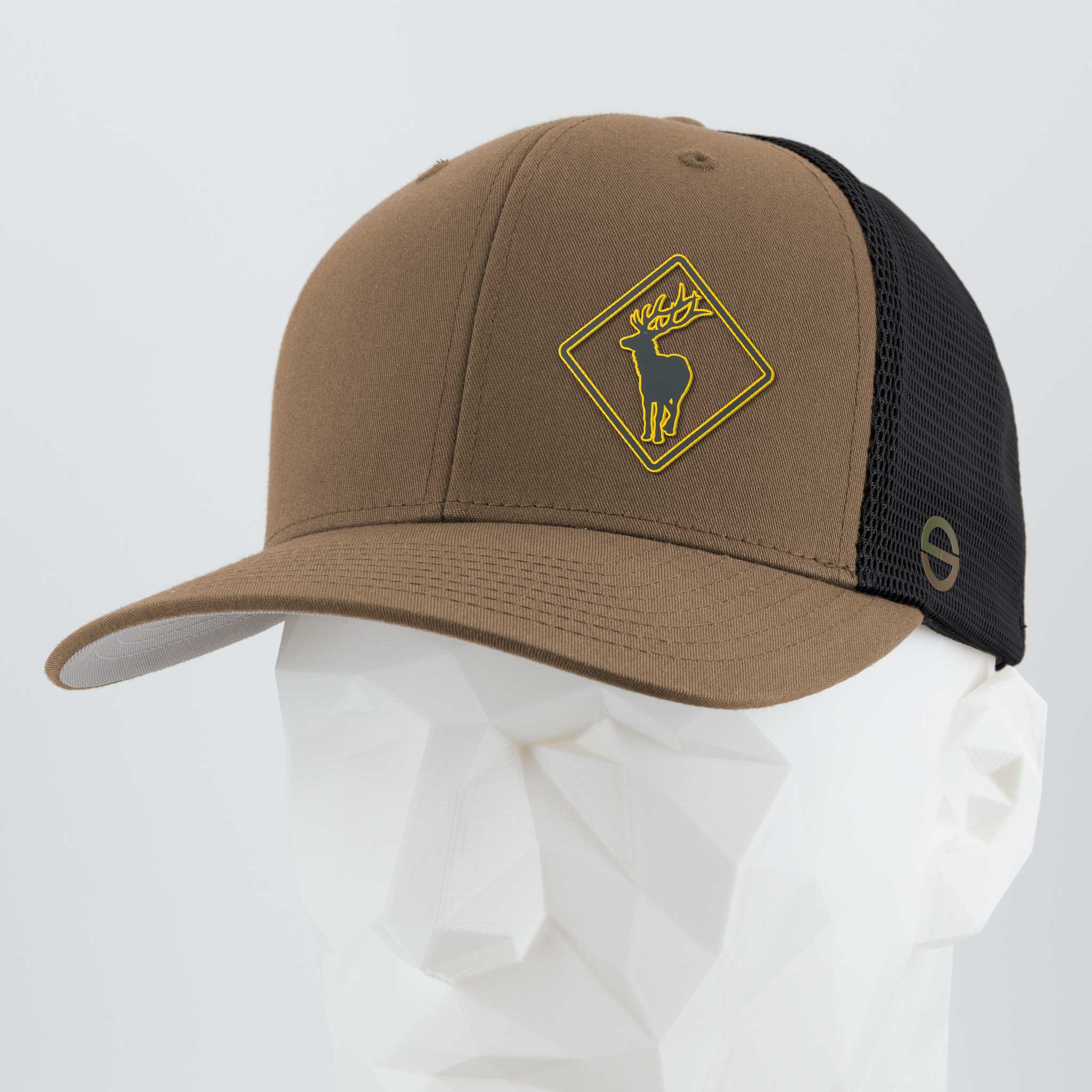 The Eternal Glyph Elk Crossing Sign Silicone Flexfit® Mesh Trucker Cap, in brown and black, is perfect for outdoor enthusiasts who value a connection with nature.