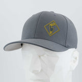 The Eternal Glyph Elk Crossing Sign (Silicone) Flexfit® Premium Wool Blend Cap features a gray design with a yellow-outlined elk patch, shown on a white mannequin—ideal for fans of nature-themed accessories.