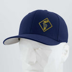 The Elk Crossing Sign (Silicone) - Flexfit® Premium Wool Blend Cap by Eternal Glyph features a navy blue design with a yellow elk emblem, making it ideal for fans of elk symbolism and stylish, nature-inspired accessories.