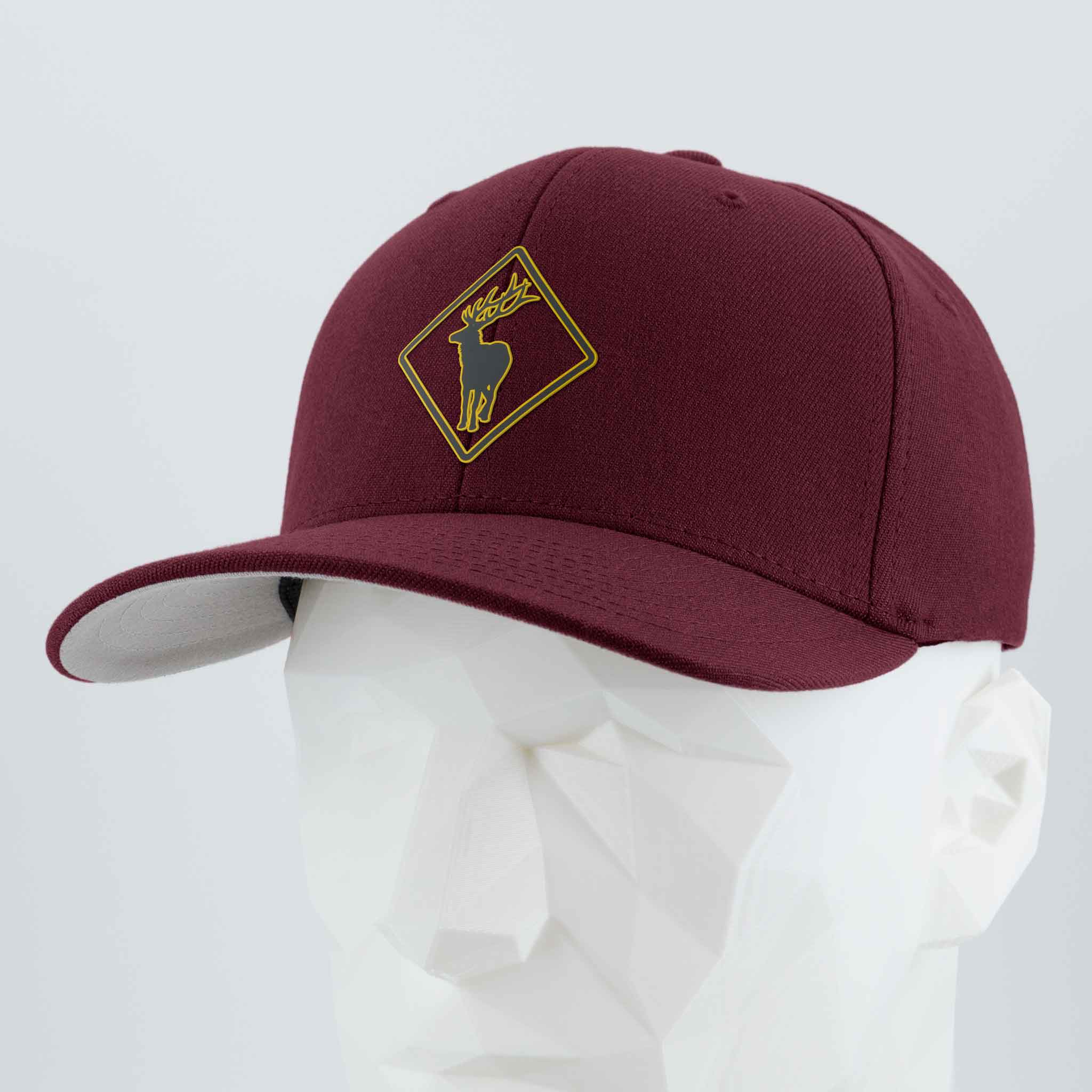 Elk Crossing Sign (Silicone) - Flexfit® Premium Wool Blend Cap Color: Maroon - Eternal Glyph LLC