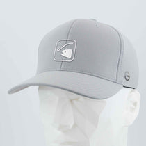 The Eternal Glyph Fishing Trail Sign (Silicone) Flexfit® Cool & Dry Cap is a light gray baseball cap with a white fishing symbol and fish logo on the front, showcased on a faceted mannequin head against a plain light gray background.