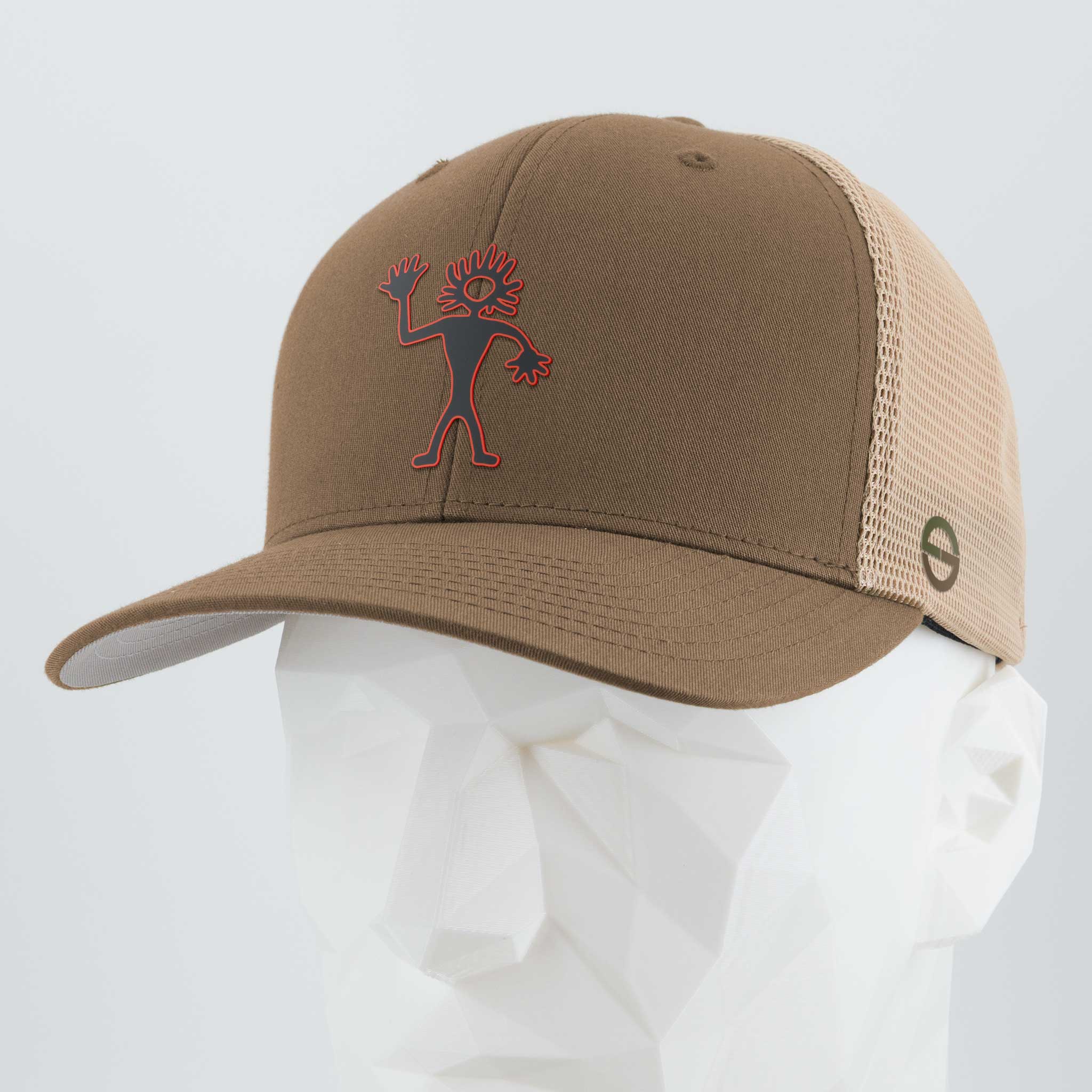 Friendly Man Petroglyph (Silicone) - Flexfit® Mesh Trucker Cap Color: Coyote/Khaki - Eternal Glyph LLC