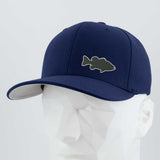 The Eternal Glyph Large Mouth Bass Fishing (Silicone) Flexfit® Premium Wool Blend Cap features a largemouth bass patch on the front and is shown in navy blue on a white geometric mannequin head against a light gray background.