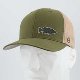 The Eternal Glyph Large Mouth Bass Fishing Flexfit® Mesh Trucker Cap in olive/khaki features a silicone bass silhouette patch and is shown on a white geometric mannequin against a plain backdrop.