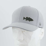 The Eternal Glyph Large Mouth Bass Fishing (Silicone) Flexfit® Cool & Dry Cap, in light gray, features a bold bass silhouette on the front and is displayed on a white geometric mannequin head against a plain background.
