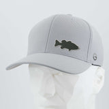 The Eternal Glyph Large Mouth Bass Fishing (Silicone) Flexfit® Cool & Dry Cap, in light gray, features a bold bass silhouette on the front and is displayed on a white geometric mannequin head against a plain background.