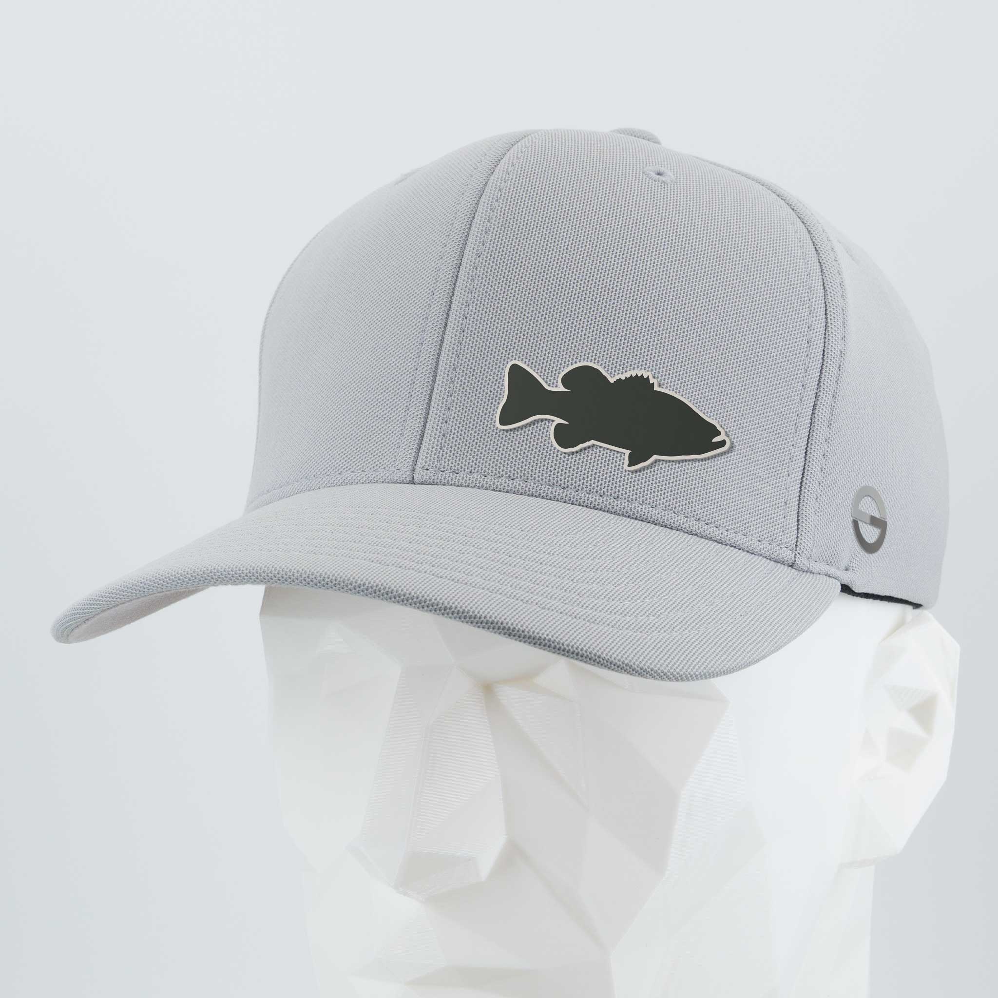 The Eternal Glyph Large Mouth Bass Fishing (Silicone) Flexfit® Cool & Dry Cap, in light gray, features a bold bass silhouette on the front and is displayed on a white geometric mannequin head against a plain background.