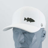The Eternal Glyph Large Mouth Bass Fishing (Silicone) Flexfit® Cool & Dry Cap is a white hat with a black bass silhouette, shown on a faceted mannequin head against a plain background—ideal for freshwater fishing fans.