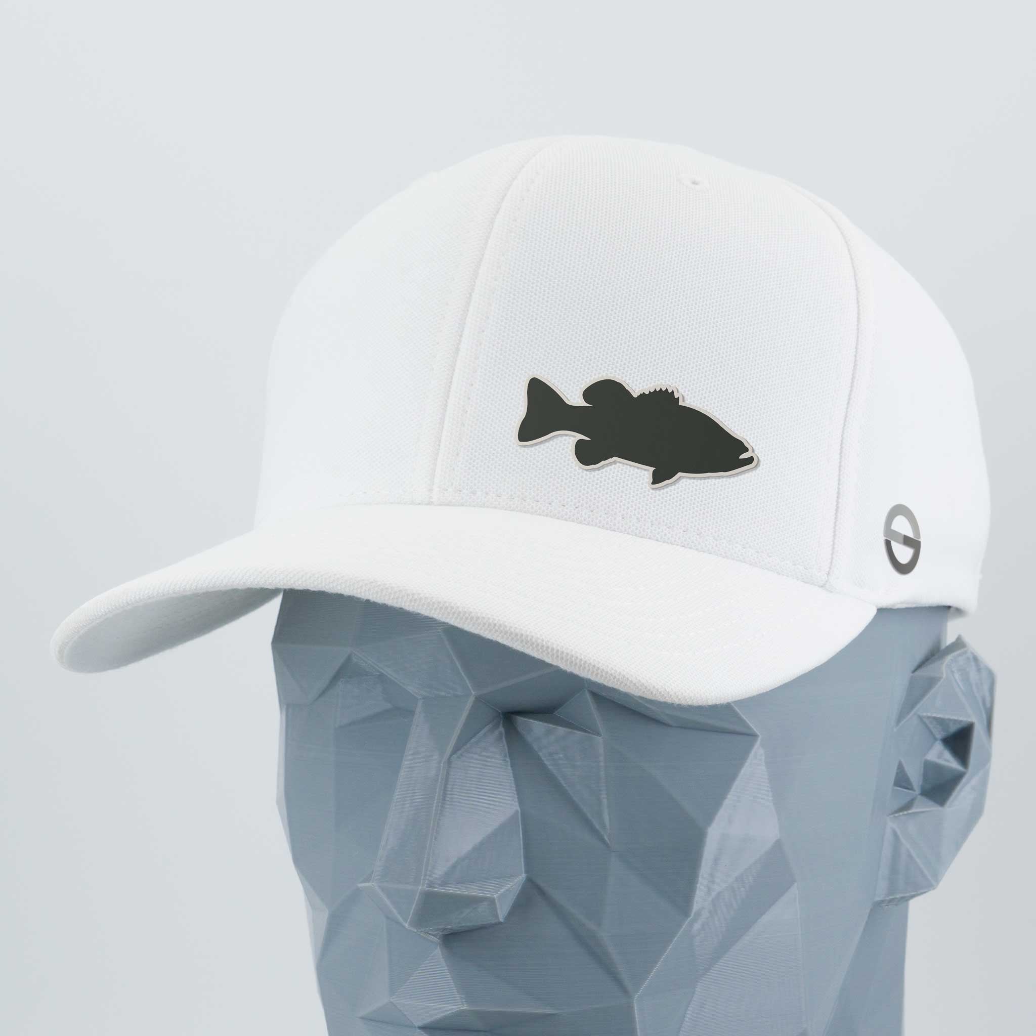 The Eternal Glyph Large Mouth Bass Fishing (Silicone) Flexfit® Cool & Dry Cap is a white hat with a black bass silhouette, shown on a faceted mannequin head against a plain background—ideal for freshwater fishing fans.