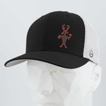 The Eternal Glyph Moab Man Petroglyph (Silicone) Flexfit® Mesh Trucker Cap features a black and white design with a red-outlined petroglyph, shown on a white geometric mannequin head.