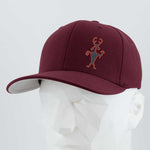 The Eternal Glyph Moab Man Petroglyph (Silicone) Flexfit® Premium Wool Blend Cap features a maroon color with an orange stick-figure lizard logo, shown on a white geometric mannequin against a plain light background.