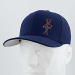 The Eternal Glyph Moab Man Petroglyph (Silicone) Flexfit® Premium Wool Blend Cap in Navy, featuring a red abstract figure, is displayed on a white geometric mannequin head against a plain background.