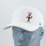 The Eternal Glyph Moab Man Petroglyph (Silicone) Flexfit® Cool & Dry Cap in white features a black and red abstract figure, inspired by ancient petroglyphs, shown on a geometric gray mannequin head.