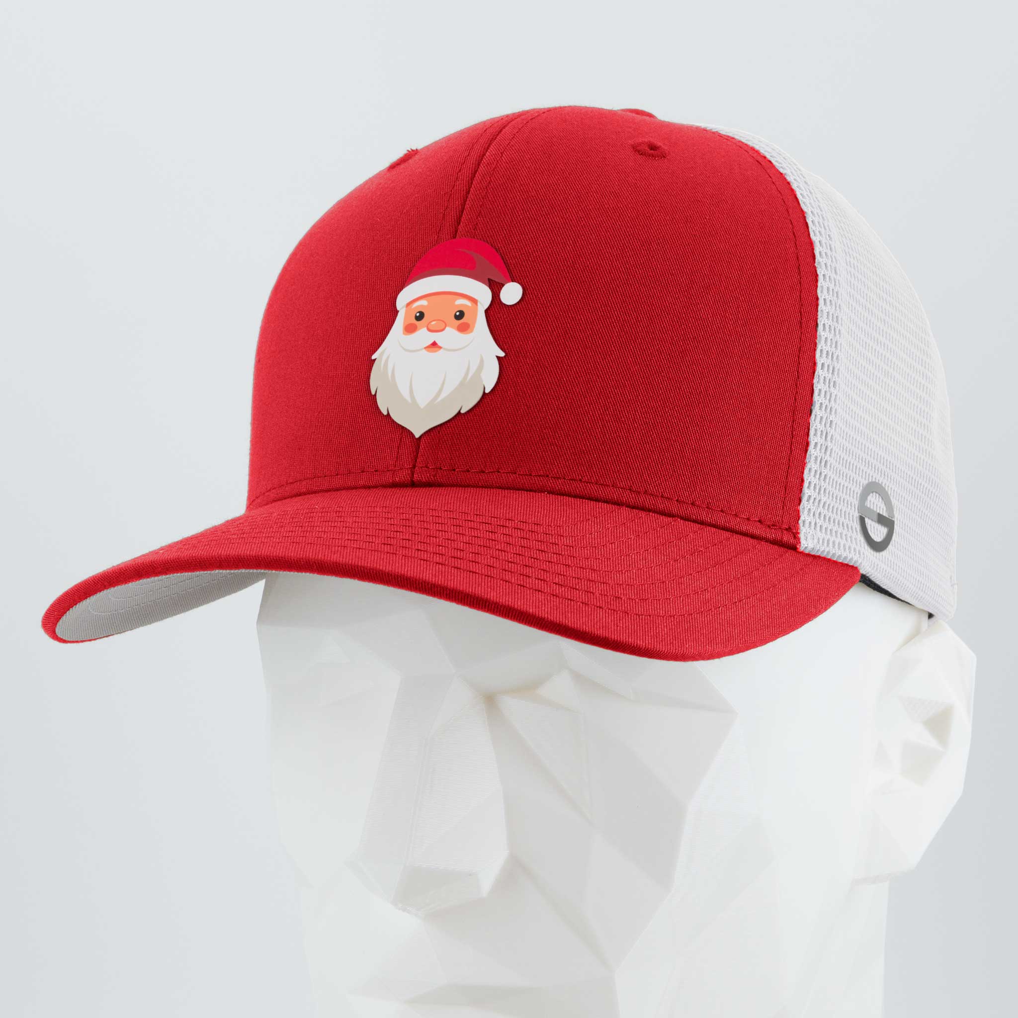 The Eternal Glyph Santa Hat (Silicone) - Flexfit® Mesh Trucker Cap in red/white features a festive cartoon Santa design, perfect for adding Christmas cheer to any holiday display.