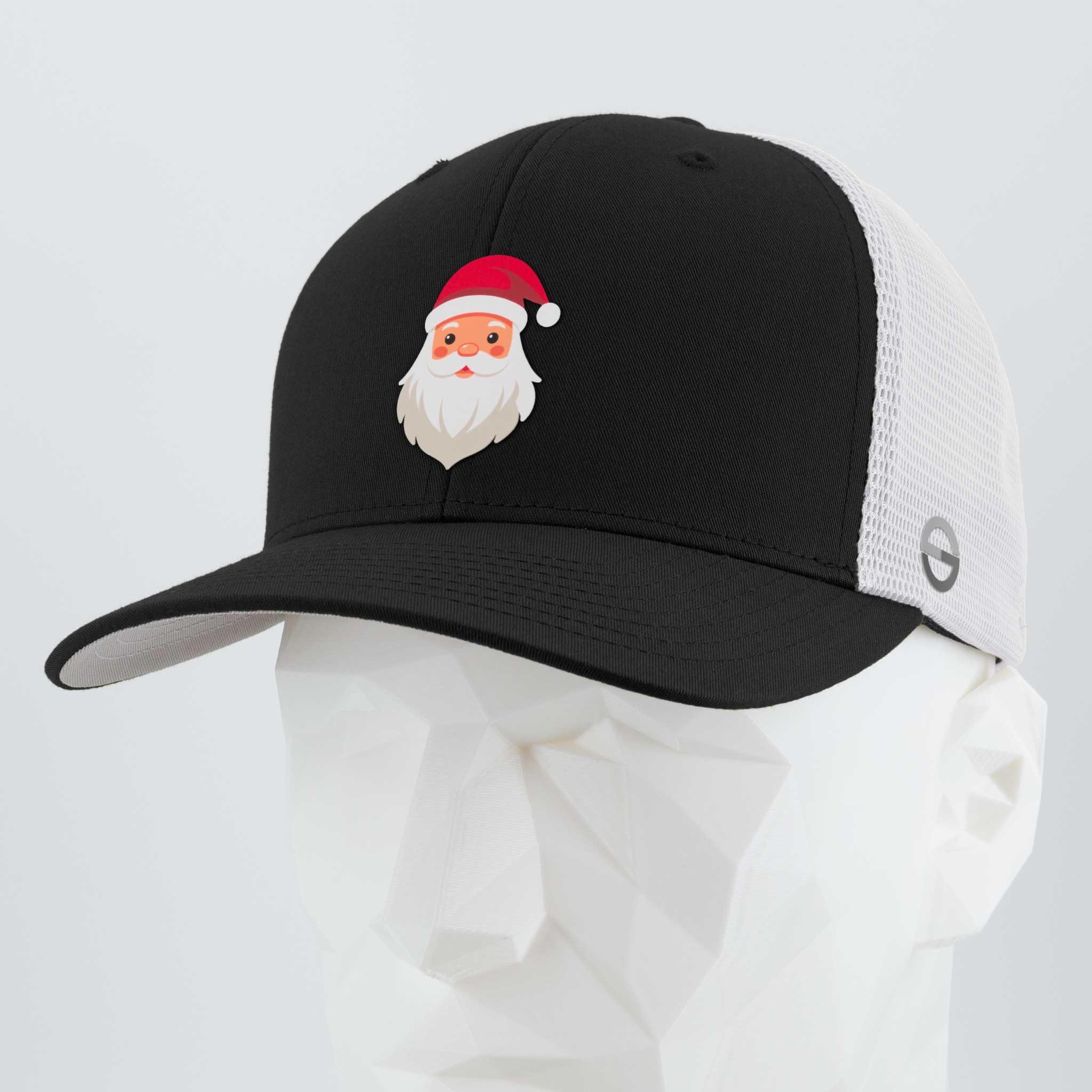 The Eternal Glyph Santa Hat (Silicone) Flexfit® Mesh Trucker Cap features a festive cartoon Santa Claus with a red hat on the black/white front, shown here on a white mannequin head.