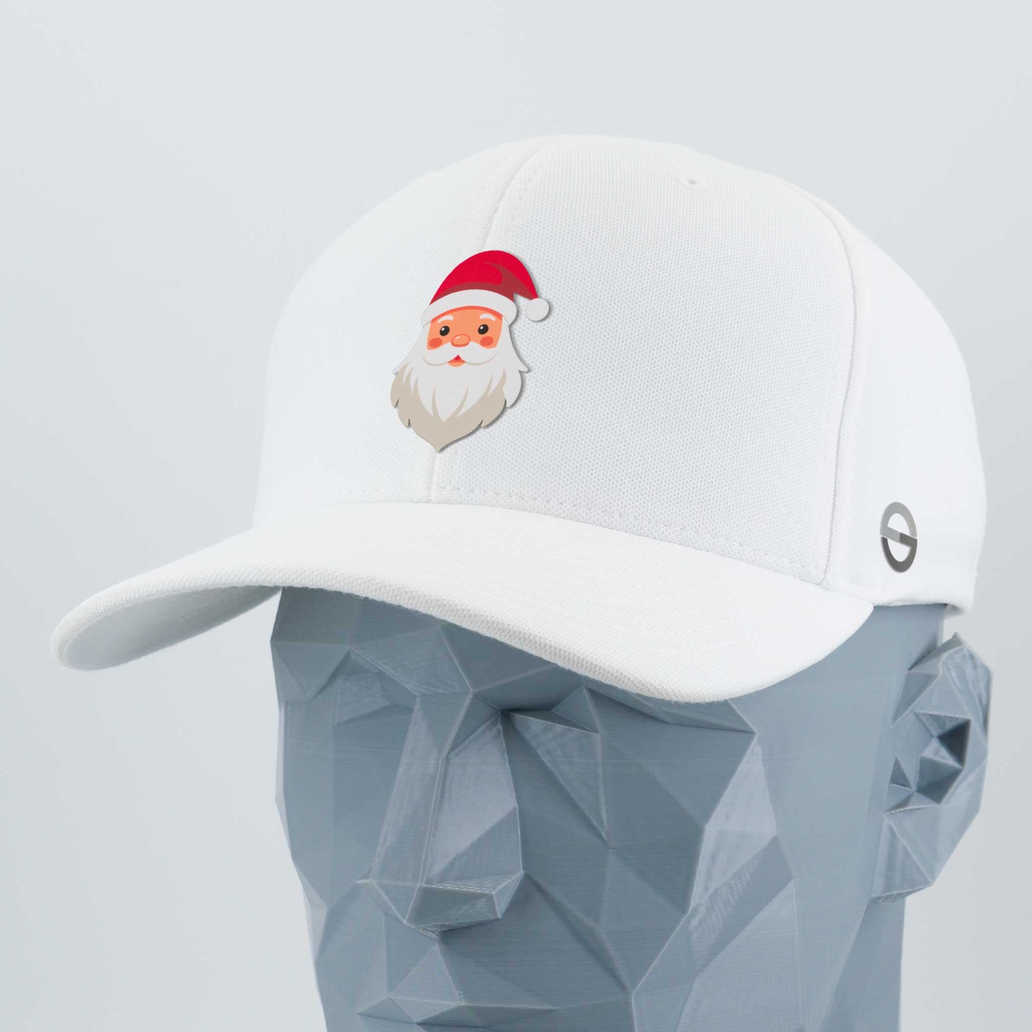 The Eternal Glyph Santa Hat (Silicone) - Flexfit® Cool & Dry Cap in white features a Santa Claus glyph on the front and is shown on a faceted gray mannequin head against a light backdrop.