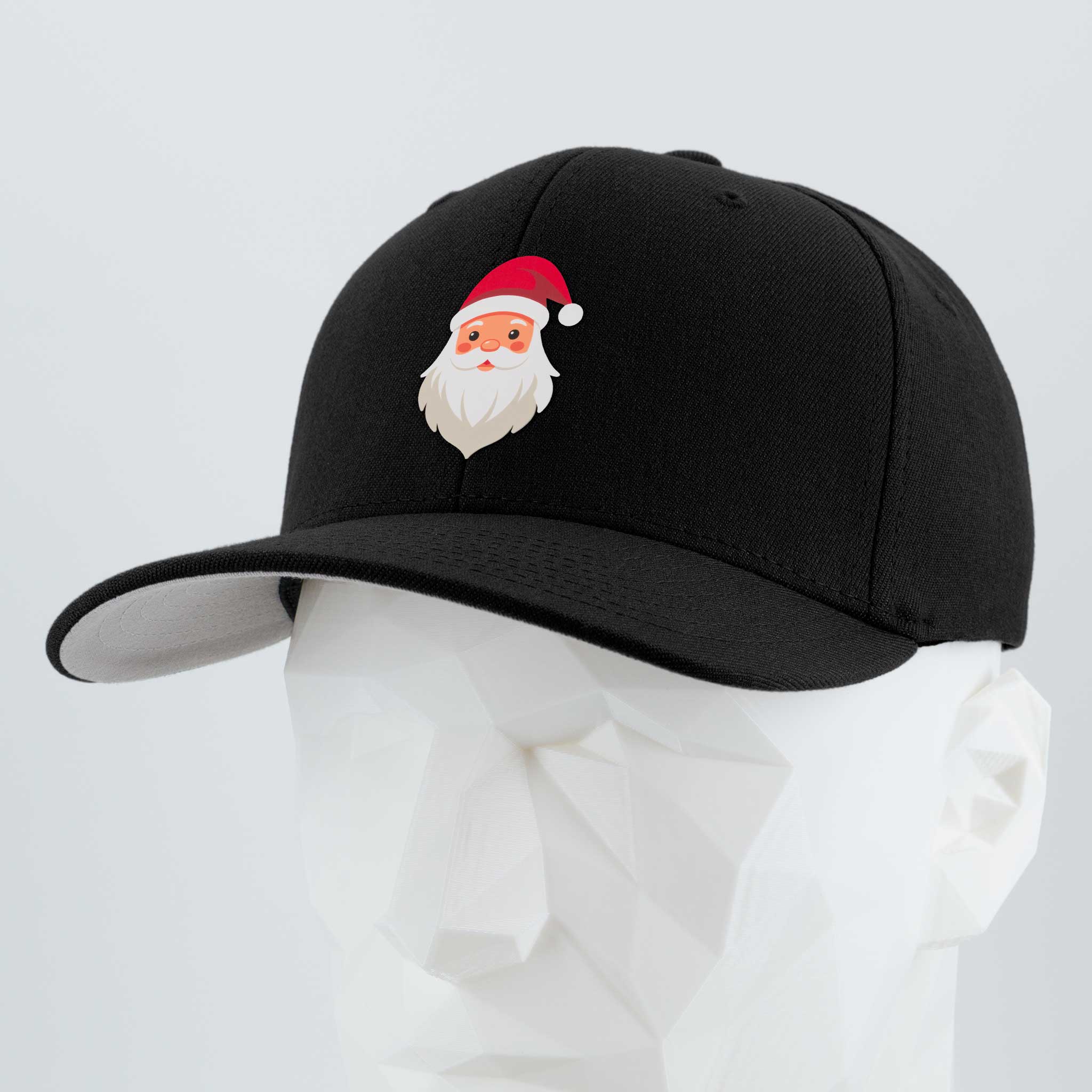 The Eternal Glyph Santa Hat (Silicone) Flexfit® Premium Wool Blend Cap in black features a Santa Claus glyph with a red hat and white beard, displayed on a white geometric mannequin head for festive holiday style.