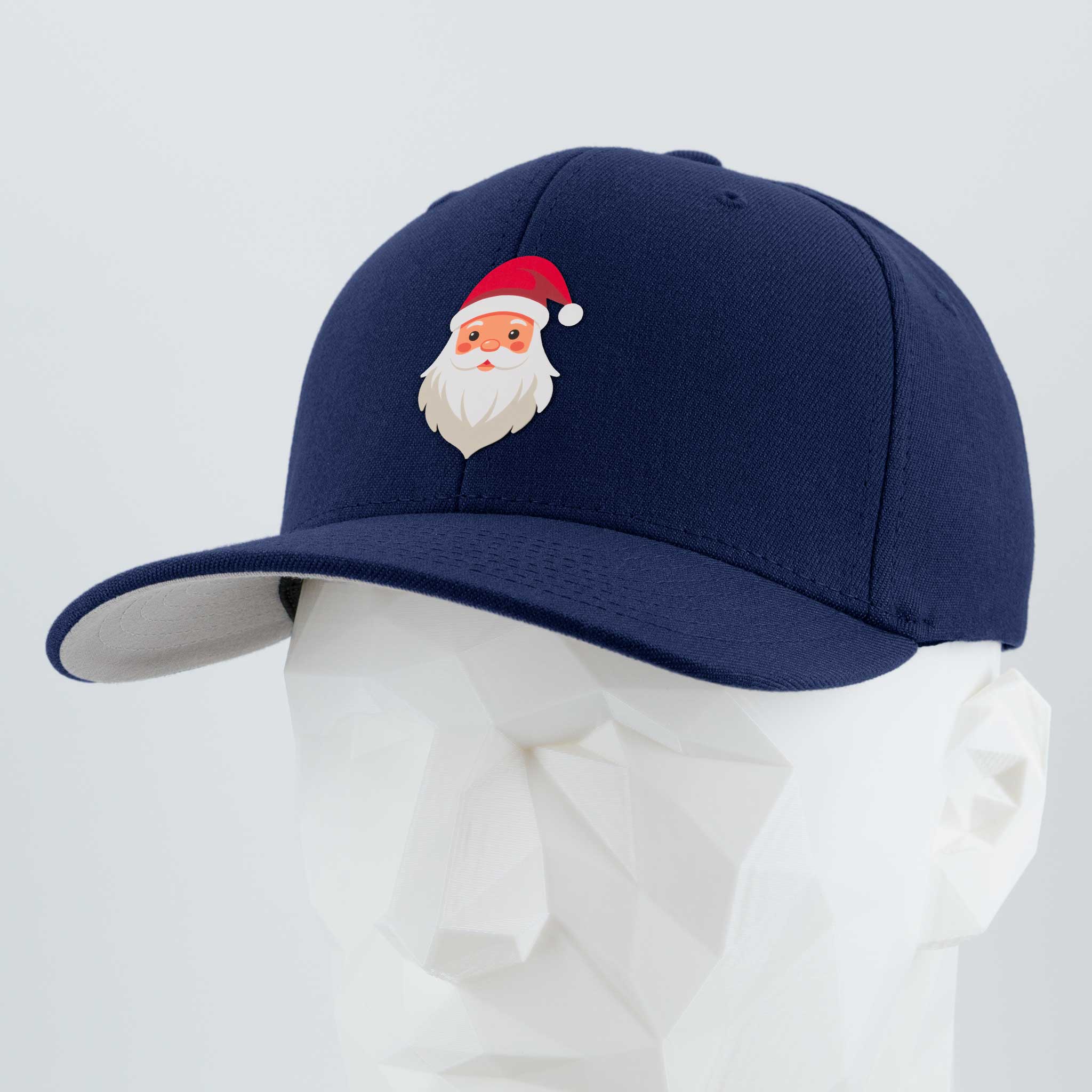The Eternal Glyph Santa Hat (Silicone) - Flexfit® Premium Wool Blend Cap in navy features a cheerful cartoon Santa Claus face with a red hat, shown on a white mannequin head against a light gray background.