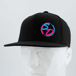 Showcased on a white, faceted mannequin head against a light gray background, the Eternal Glyph Staying Driven (Silicone) – Flexfit® Flat Bill Premium Fitted Cap features a sleek black design with a striking blue and pink SD logo on the front, making it the ideal fitness cap for any online crew or your everyday workout essential.