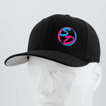 A black Eternal Glyph “Staying Driven (Silicone) - Flexfit® Premium Wool Blend Cap” featuring a blue and pink SD logo on the front is showcased on a white geometric mannequin head against a light gray background—perfect premium headwear for dedicated Staying Driven fitness enthusiasts.