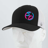 Showcased on a white geometric mannequin head, the Eternal Glyph Staying Driven (Silicone) Flexfit® Mesh Trucker Cap in black and white features a vibrant SD logo on the front. This premium headwear is the signature cap for any online fitness crew, making a bold statement with style and comfort.
