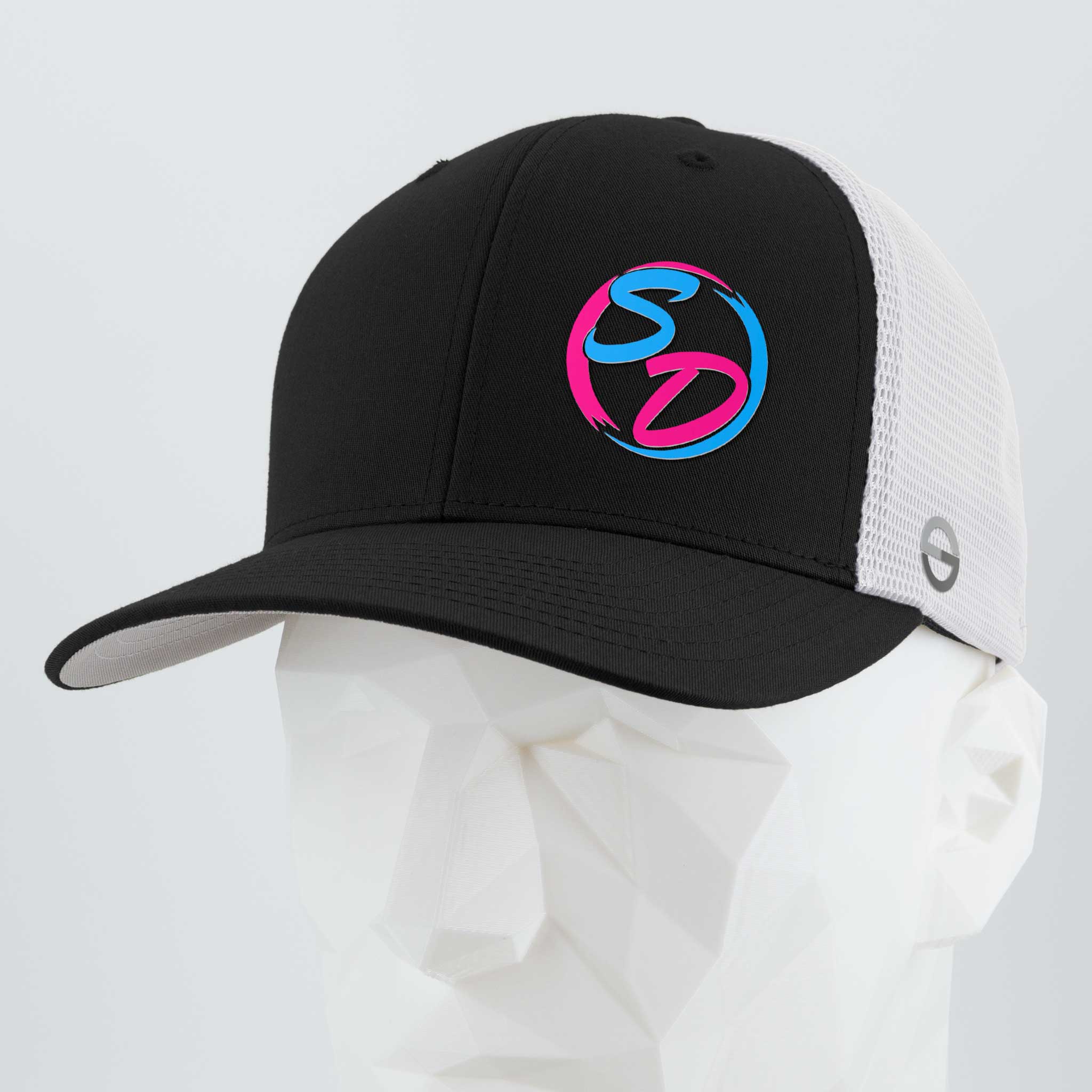 Showcased on a white geometric mannequin head, the Eternal Glyph Staying Driven (Silicone) Flexfit® Mesh Trucker Cap in black and white features a vibrant SD logo on the front. This premium headwear is the signature cap for any online fitness crew, making a bold statement with style and comfort.