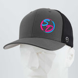 Show your fitness pride in style with the Staying Driven (Silicone) - Flexfit® Mesh Trucker Cap from Eternal Glyph. This premium headwear features a dark gray and black mesh design with a vibrant SD logo in pink and blue on the front, displayed on a white geometric mannequin head—perfect for representing your online fitness community with flair.
