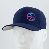 Introducing the Staying Driven (Silicone) - Flexfit® Premium Wool Blend Cap by Eternal Glyph, in sleek navy. Featuring a silicone SD logo in vibrant pink and blue on the front, this premium headwear—displayed on a white geometric mannequin head—is the perfect accessory for any online fitness community.