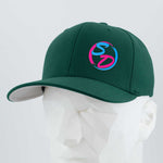Spruce Eternal Glyph “Staying Driven (Silicone)” Flexfit® Premium Wool Blend Cap featuring a vibrant blue and pink SD logo on the front, shown on a white geometric mannequin head against a plain background. This premium cap is the ideal accessory for any online fitness crew ready to showcase their Staying Driven spirit in style.
